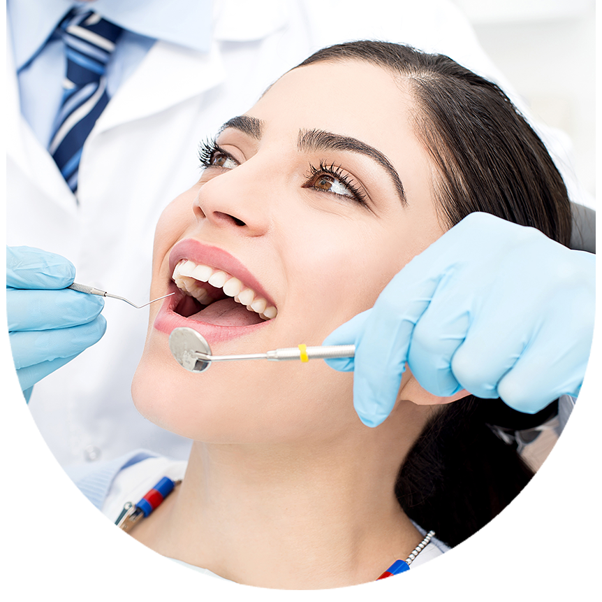 The image shows two photographs side by side  on the left, a woman with a big smile is receiving dental care from a dentist wearing blue gloves  on the right, the same woman is shown after having her teeth straightened, smiling confidently at the camera.