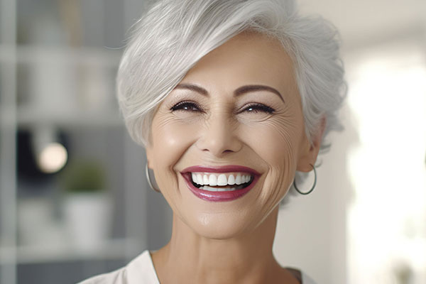 The image shows a woman with short hair, wearing makeup, smiling at the camera. She appears to be indoors, possibly in a home setting, and has grey hair.